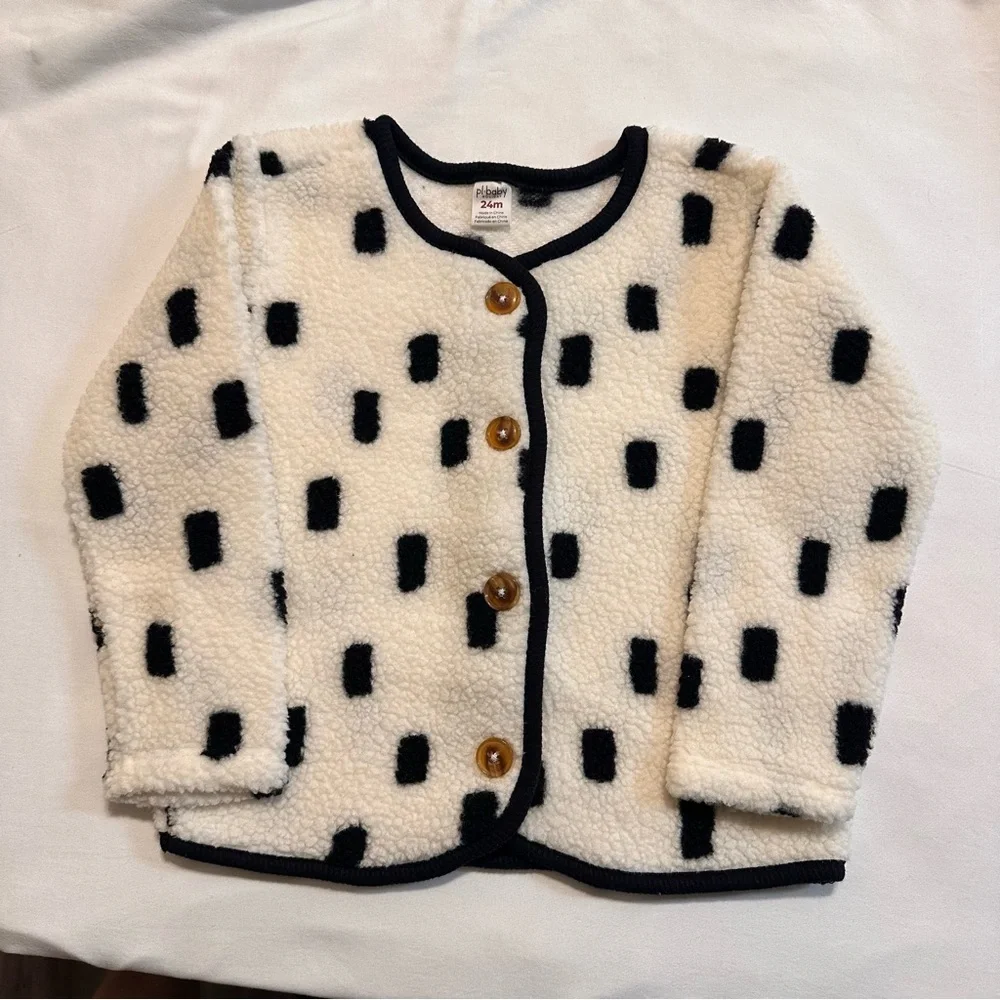 Petit Lem NWT 24M Sherpa Fleece Cardigan Jacket Ivory Black Dot